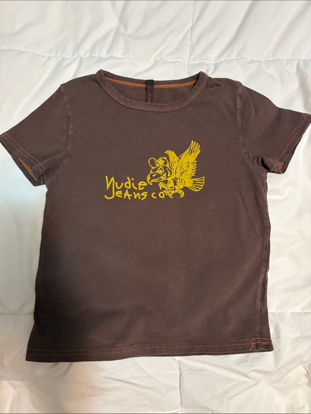 Nudie Jeans Brown Kids Tee with Yellow Eagle Graphic